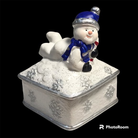 Vintage Ceramic Snowman Snowflake Christmas Trinket Box Jewelry Blue WhiteSilver - Picture 2 of 16